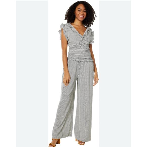 Max Studio Pants - Max Studio NWT Smocked Waist Surplice Neck Wide Leg Crepe Jumpsuit Black Multi